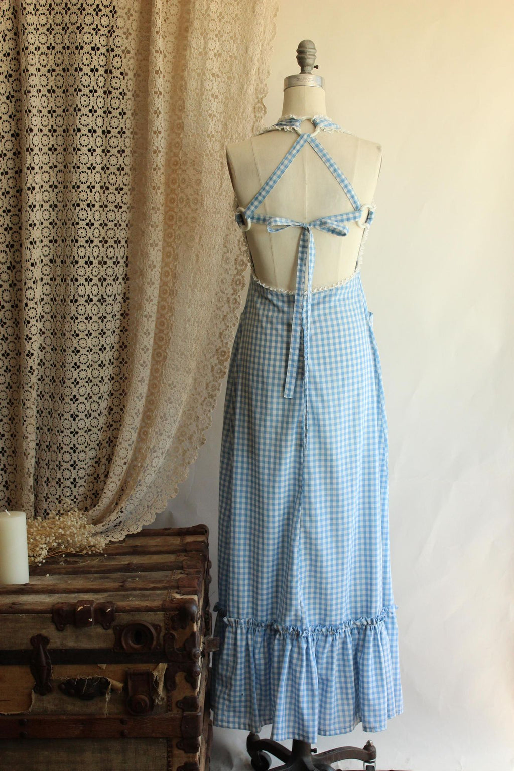 Vintage 1970s Blue Gingham Prairie Maxidress
