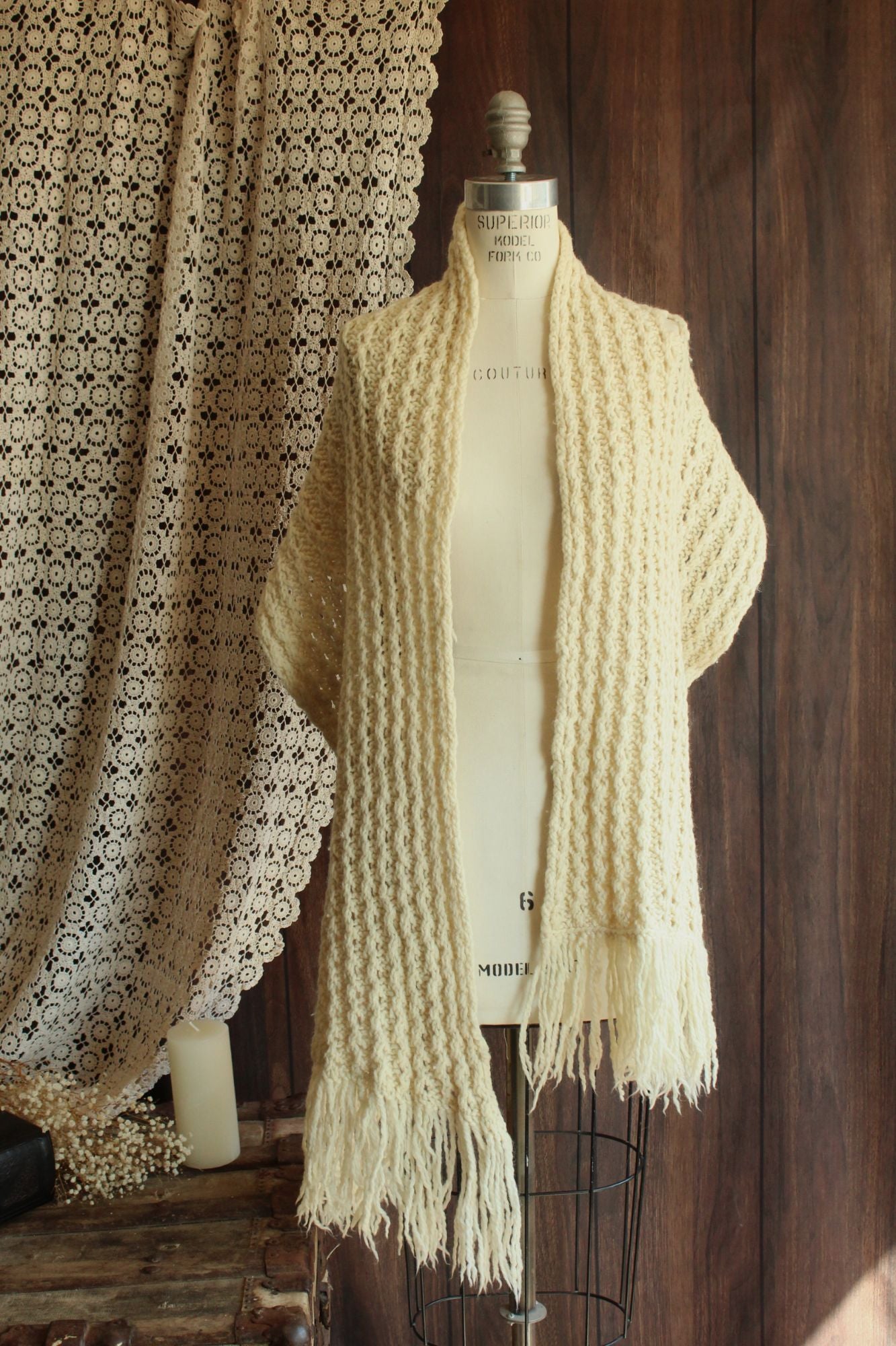 Vintage Ivory Color Fringed Rectangular Extra Large Scarf