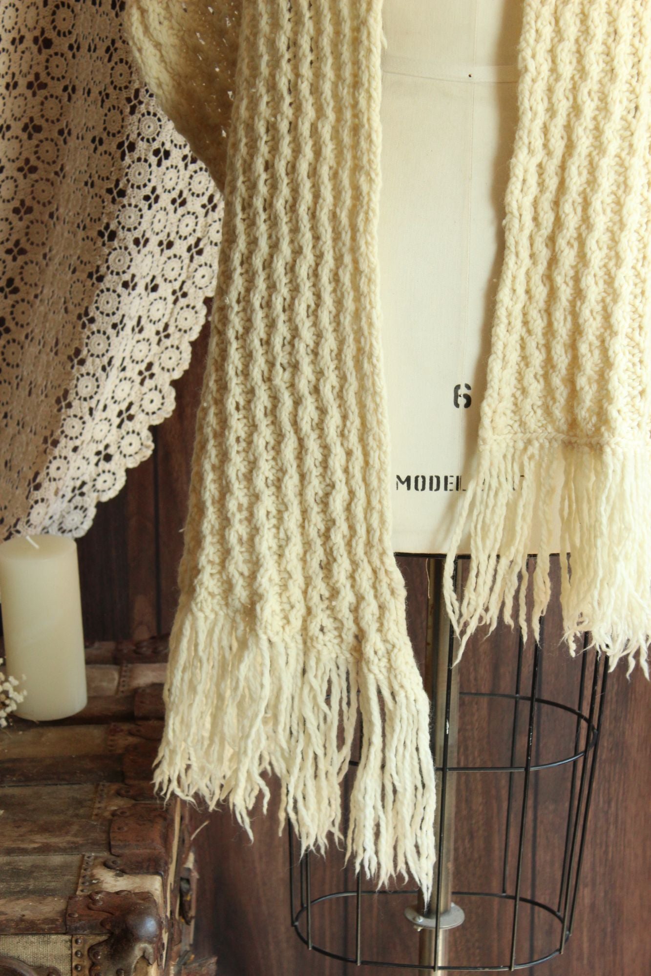 Vintage Ivory Color Fringed Rectangular Extra Large Scarf