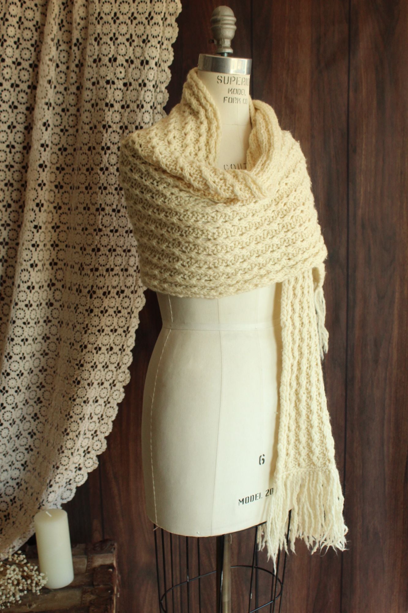 Vintage Ivory Color Fringed Rectangular Extra Large Scarf