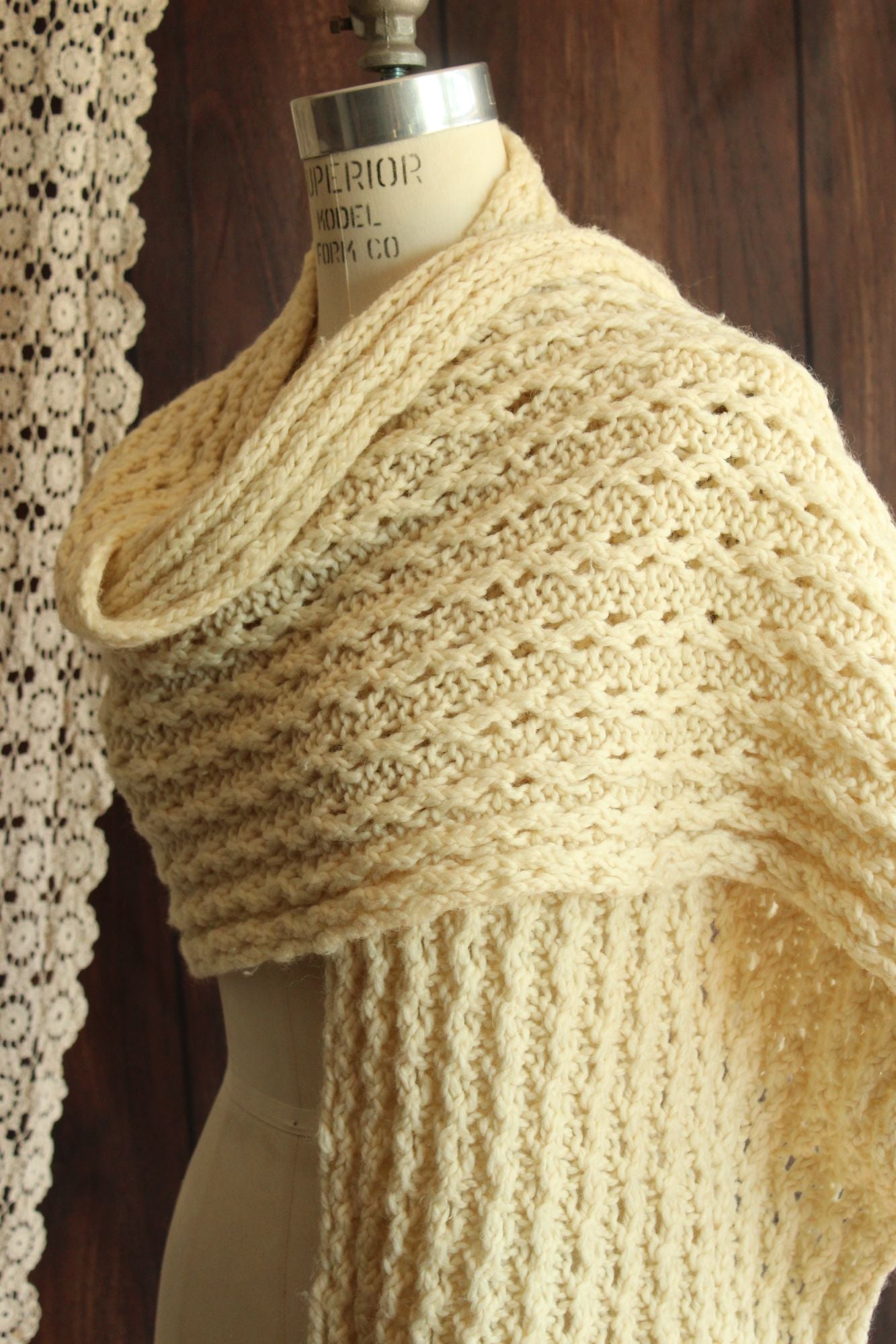 Vintage Ivory Color Fringed Rectangular Extra Large Scarf