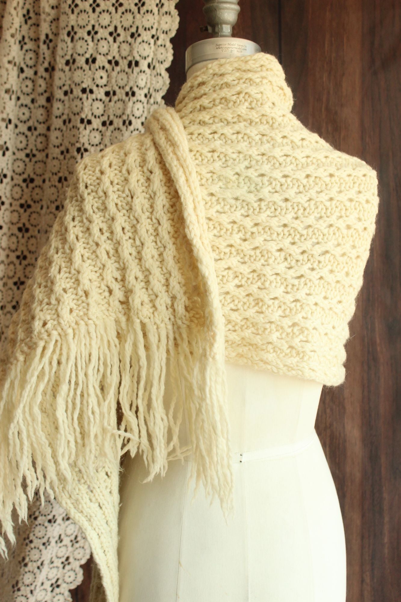 Vintage Ivory Color Fringed Rectangular Extra Large Scarf