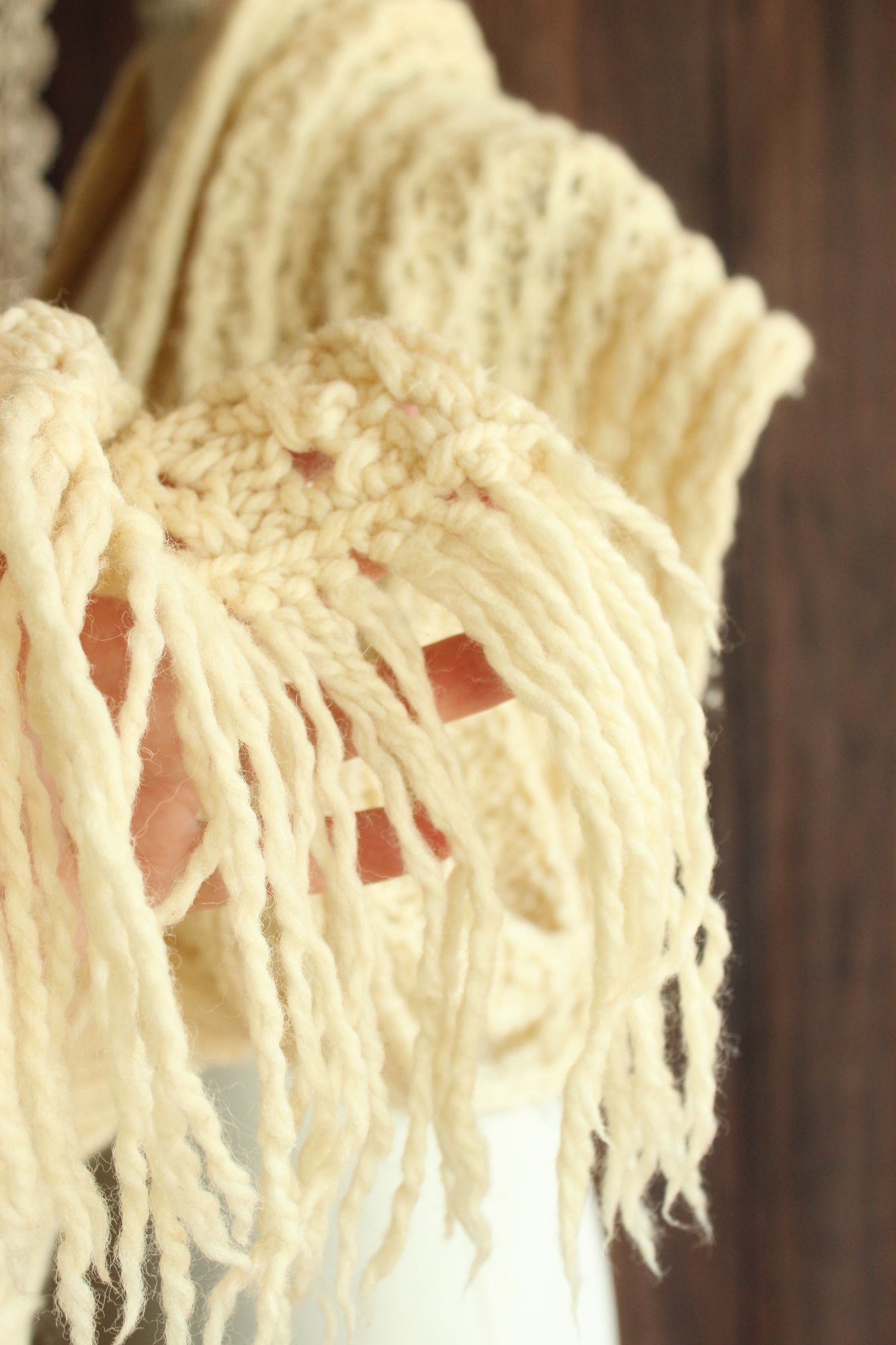 Vintage Ivory Color Fringed Rectangular Extra Large Scarf