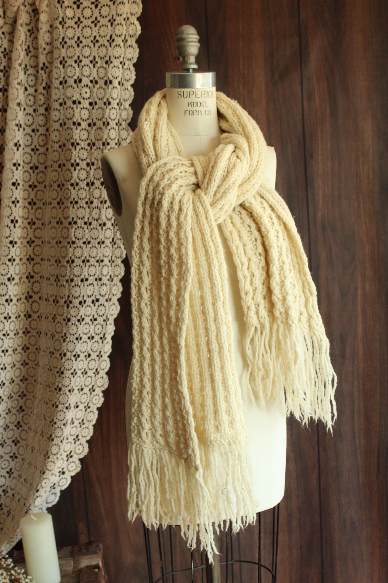 Vintage Ivory Color Fringed Rectangular Extra Large Scarf