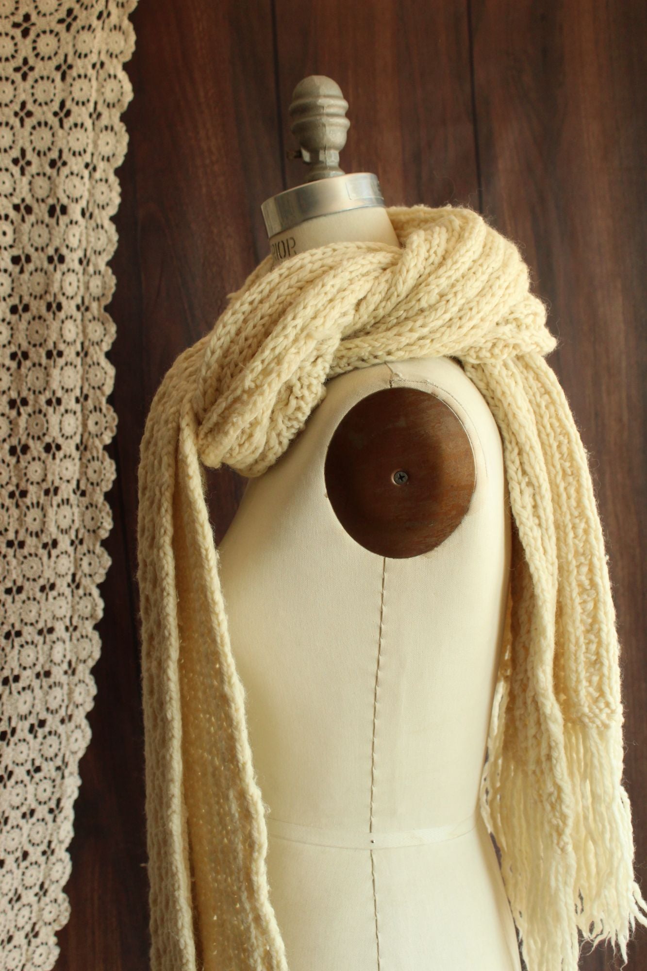 Vintage Ivory Color Fringed Rectangular Extra Large Scarf