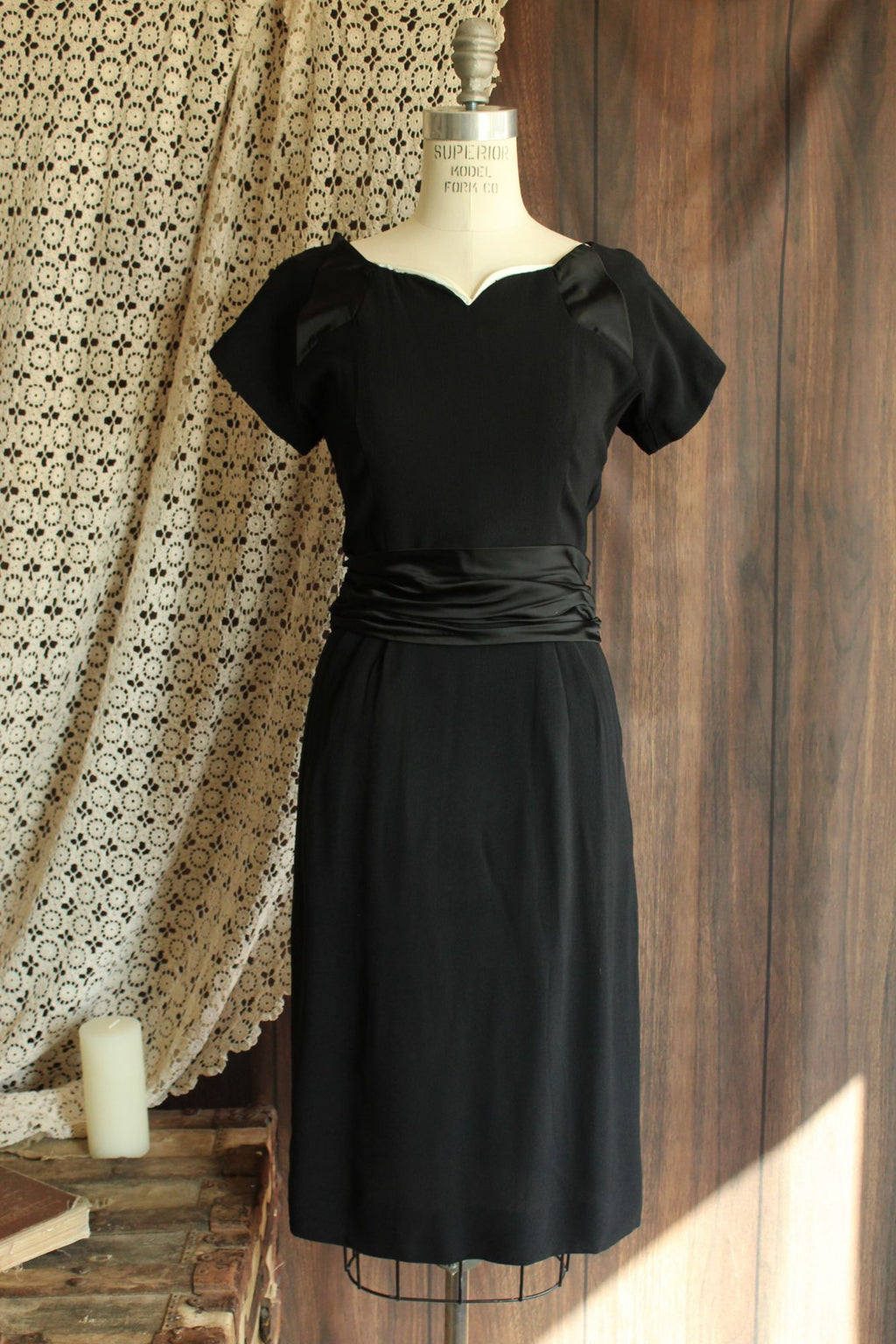 Vintage 1950s  Black Rayon Dress With Cummerbund Belt and Sweetheart Neckline