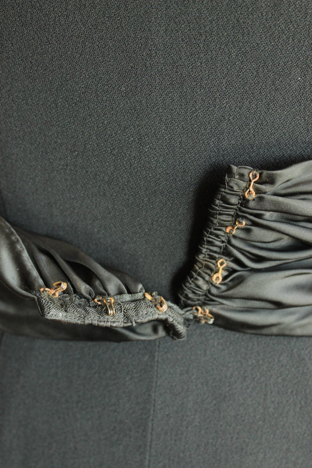 Vintage 1950s  Black Rayon Dress With Cummerbund Belt and Sweetheart Neckline