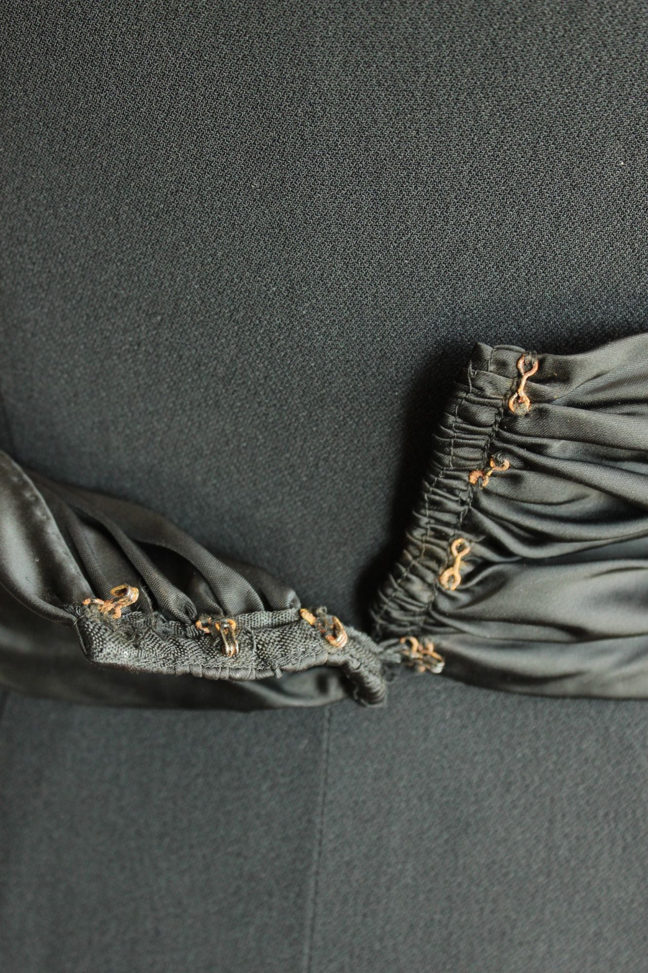 Vintage 1950s  Black Rayon Dress With Cummerbund Belt and Sweetheart Neckline