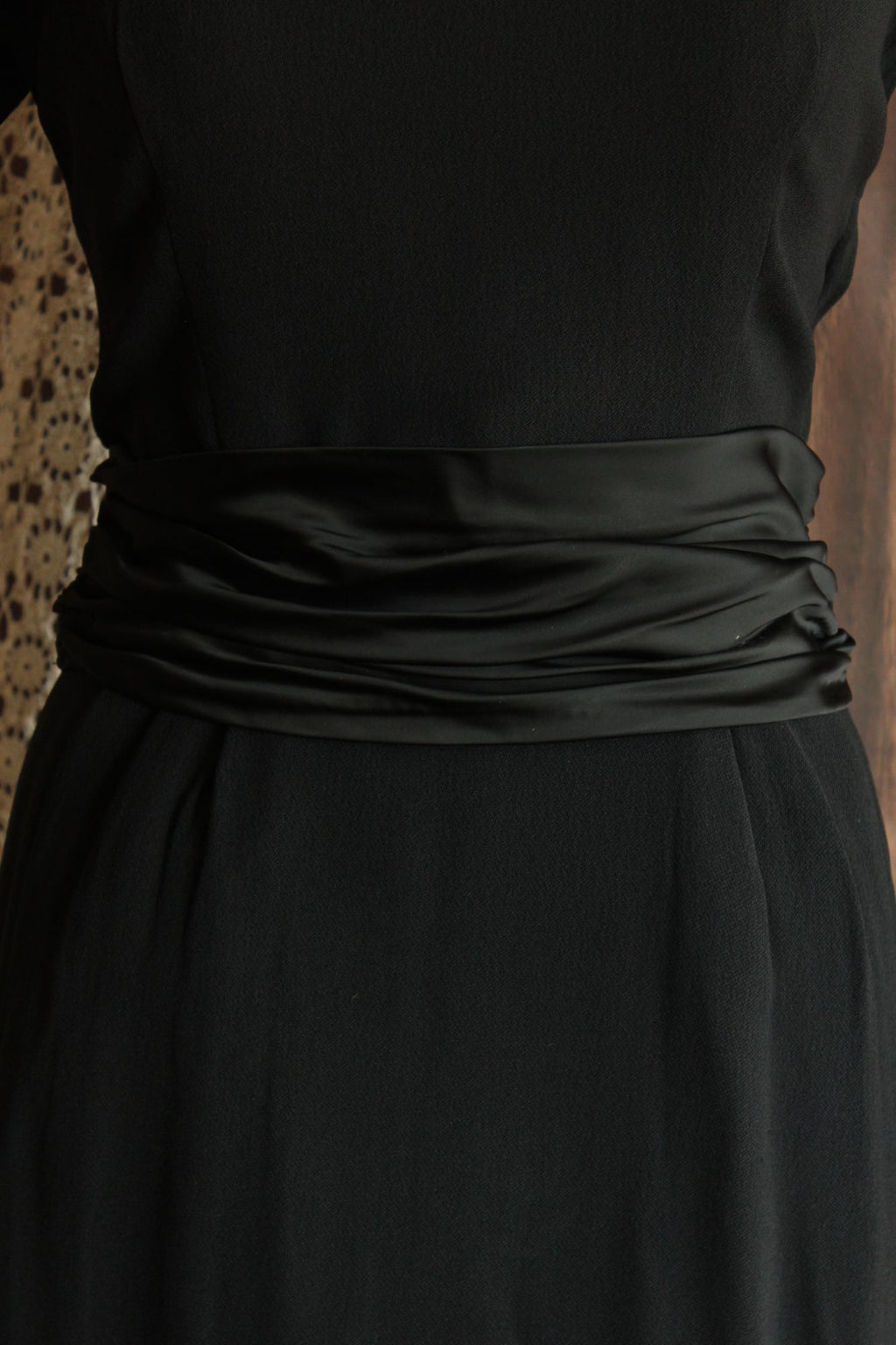 Vintage 1950s  Black Rayon Dress With Cummerbund Belt and Sweetheart Neckline