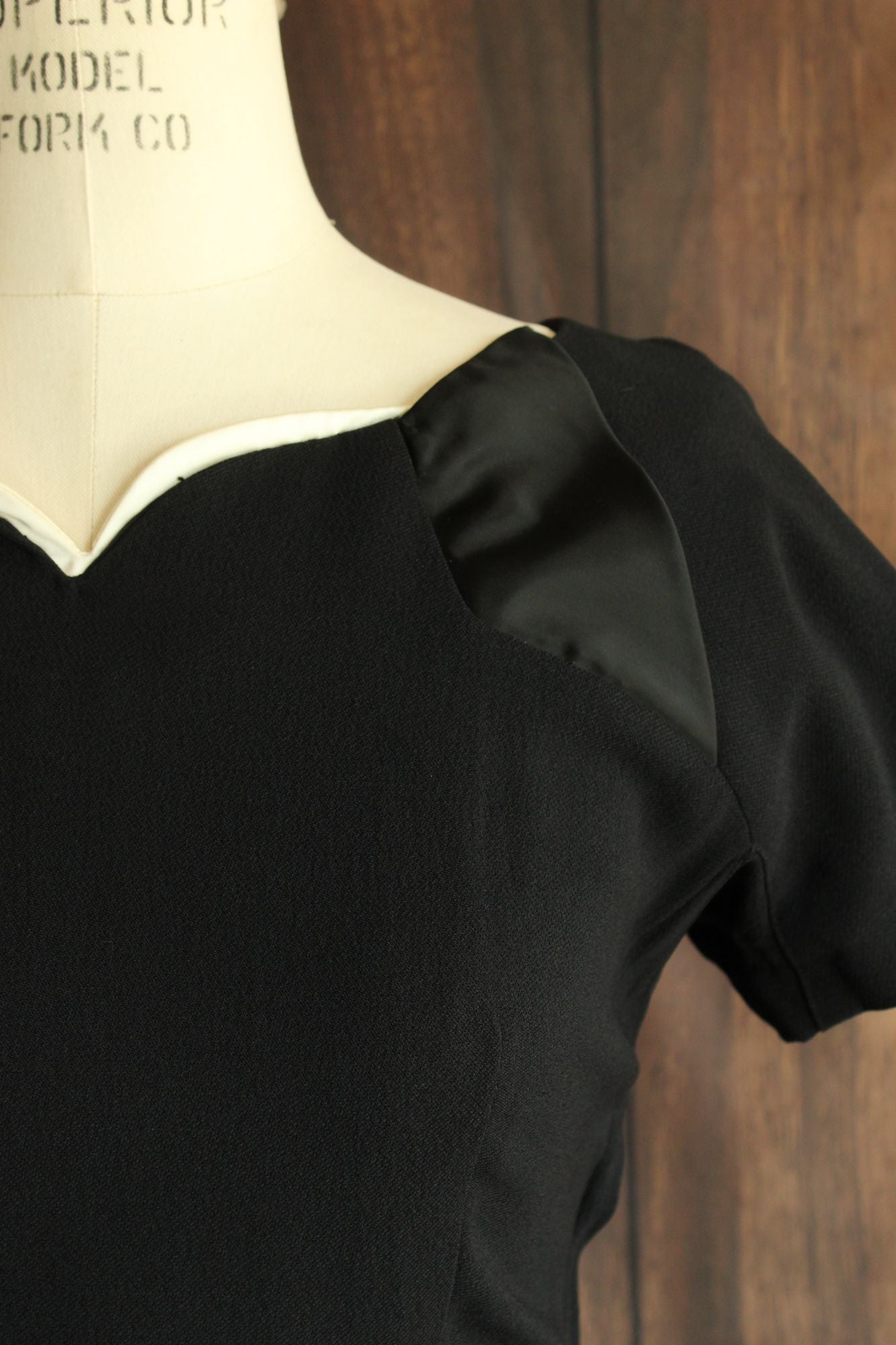 Vintage 1950s  Black Rayon Dress With Cummerbund Belt and Sweetheart Neckline