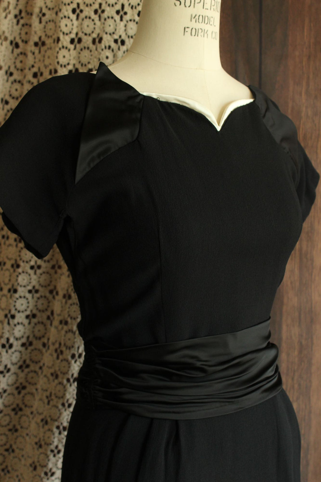 Vintage 1950s  Black Rayon Dress With Cummerbund Belt and Sweetheart Neckline