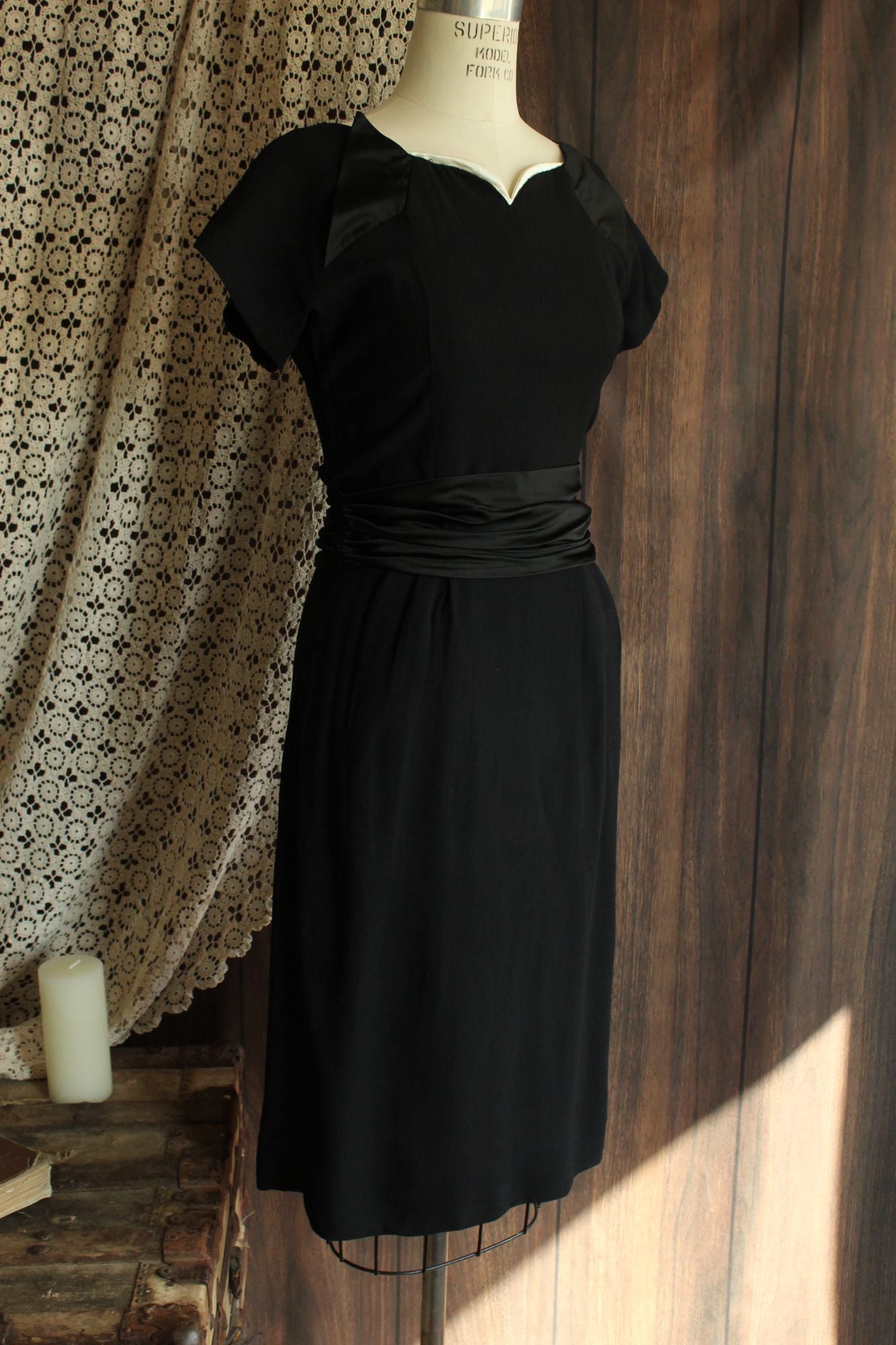 Vintage 1950s  Black Rayon Dress With Cummerbund Belt and Sweetheart Neckline