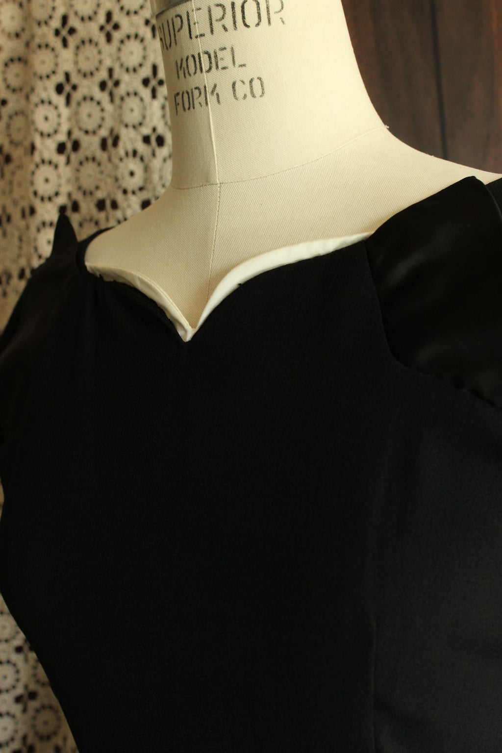 Vintage 1950s  Black Rayon Dress With Cummerbund Belt and Sweetheart Neckline