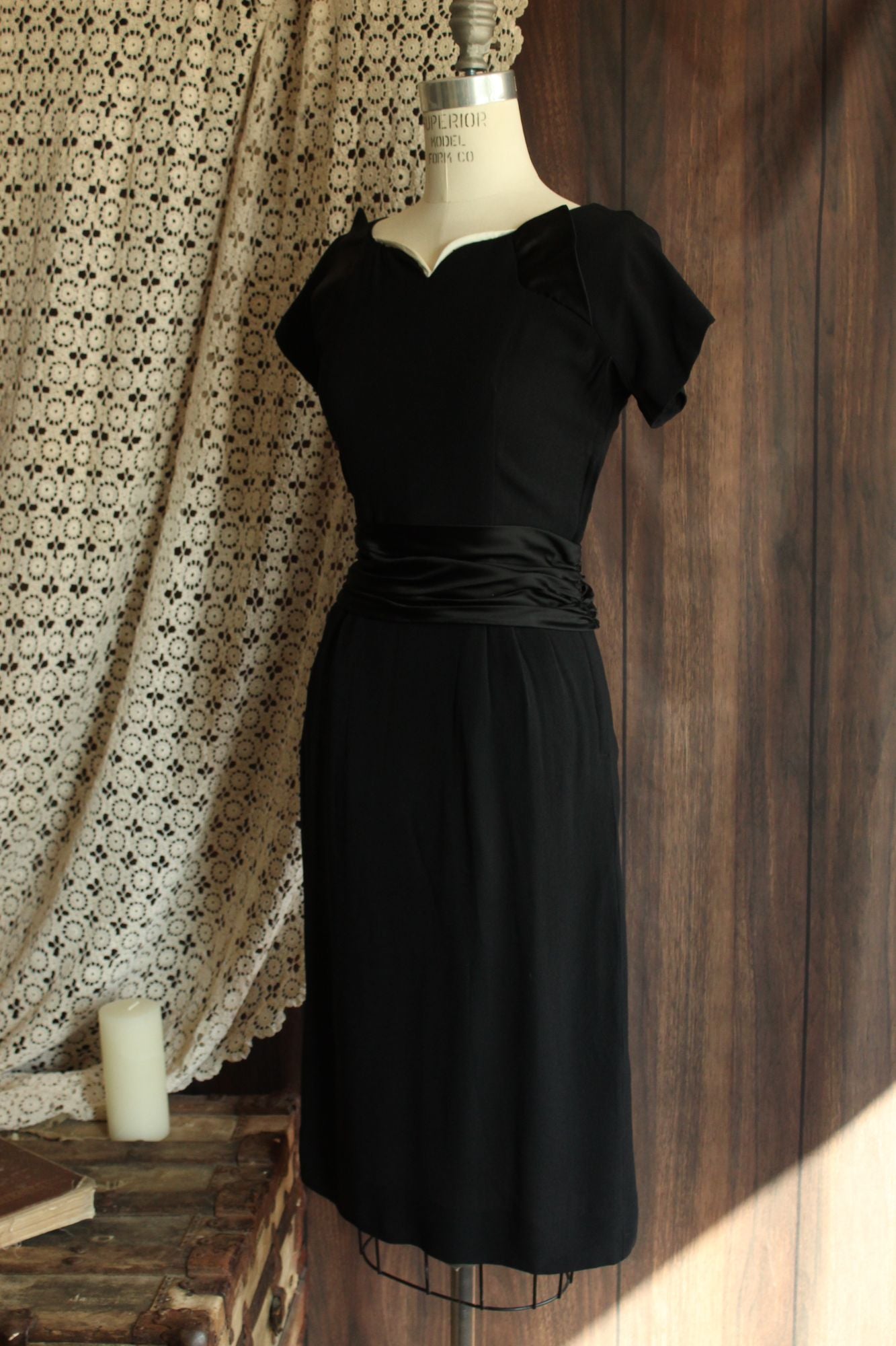 Vintage 1950s  Black Rayon Dress With Cummerbund Belt and Sweetheart Neckline