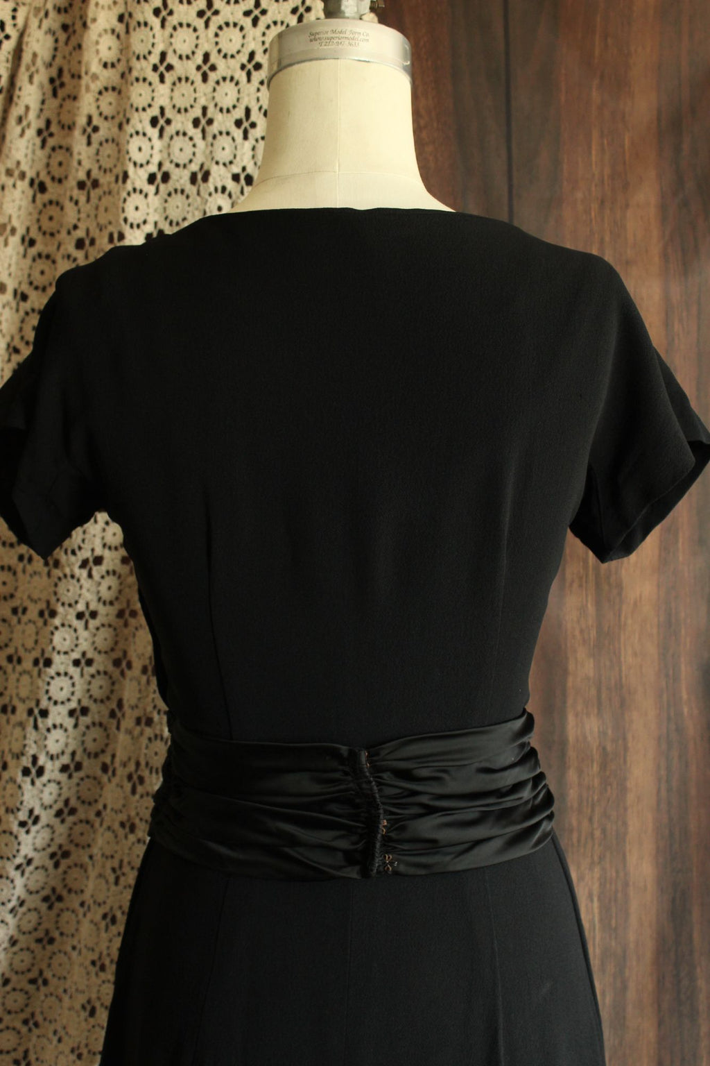 Vintage 1950s  Black Rayon Dress With Cummerbund Belt and Sweetheart Neckline