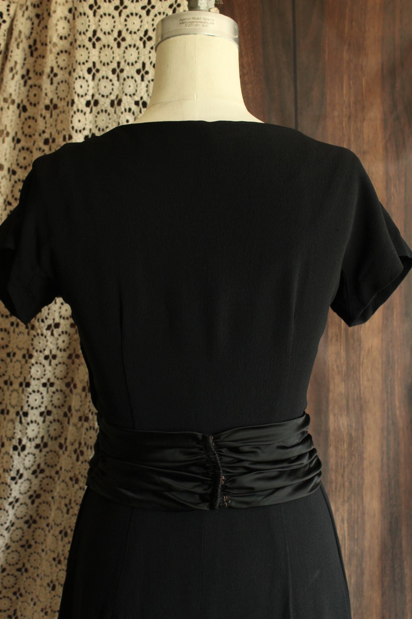 Vintage 1950s  Black Rayon Dress With Cummerbund Belt and Sweetheart Neckline