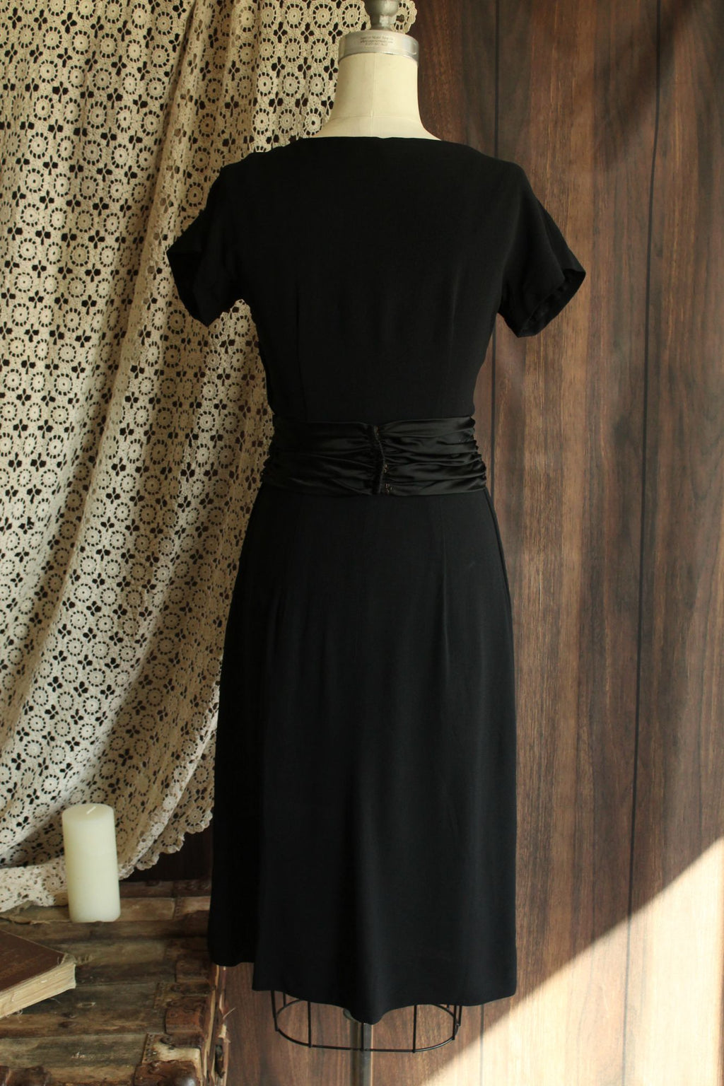 Vintage 1950s  Black Rayon Dress With Cummerbund Belt and Sweetheart Neckline