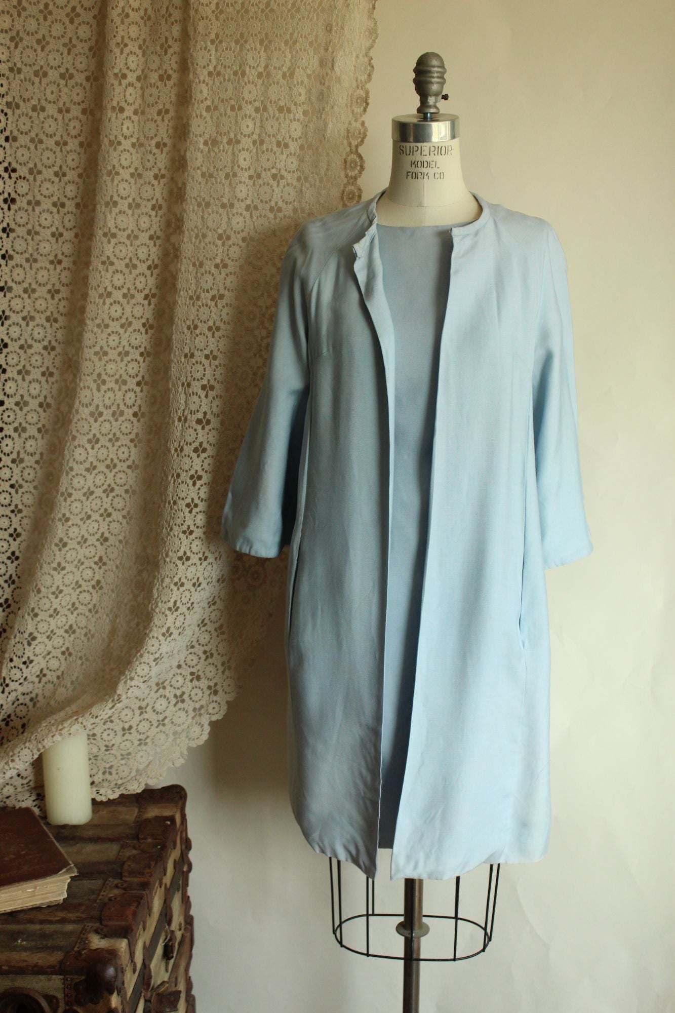 Vintage 1960s Emma Domb Pale Blue Dress with Matching Jacket and Bow Belt