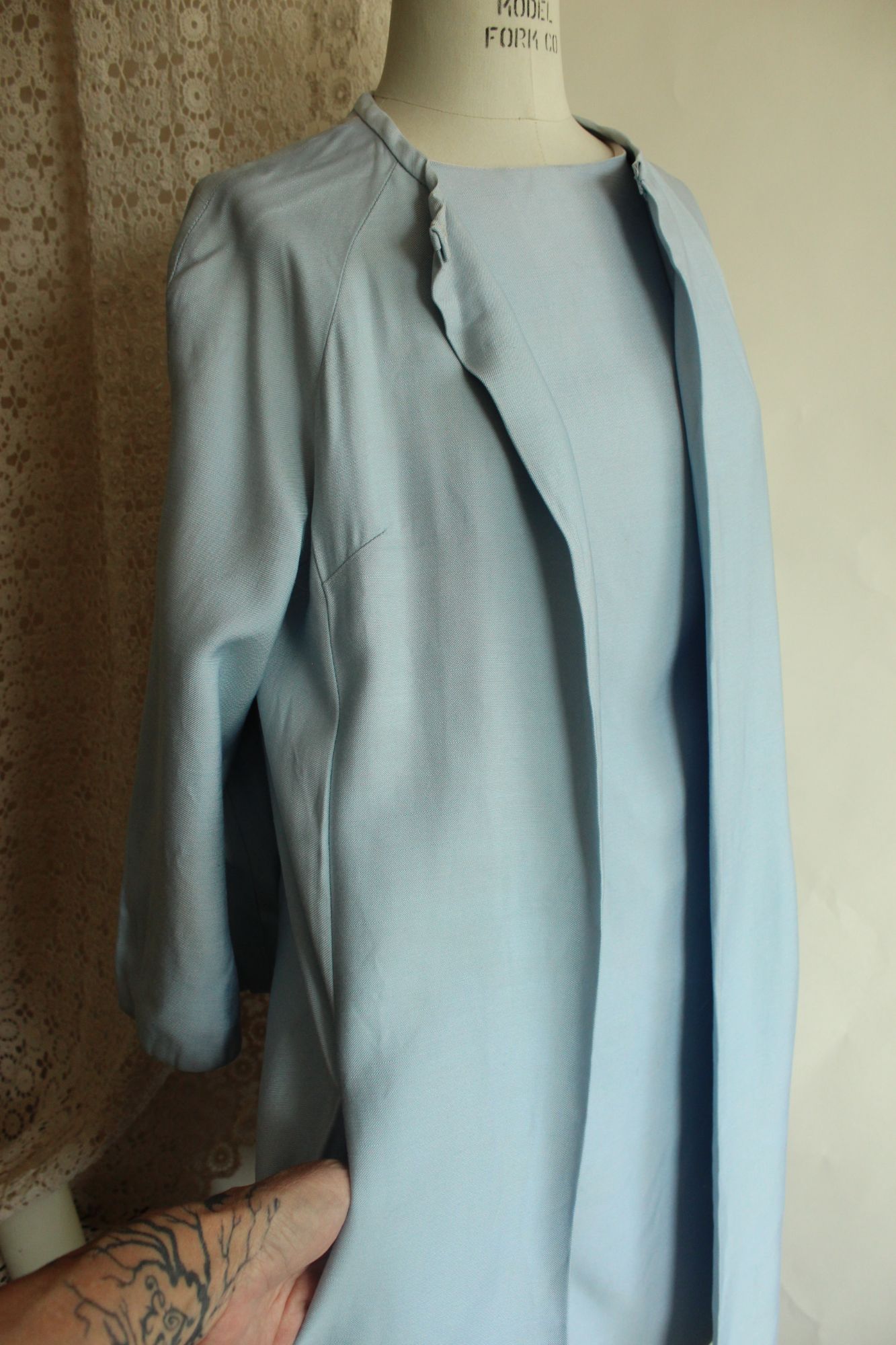 Vintage 1960s Emma Domb Pale Blue Dress with Matching Jacket and Bow Belt
