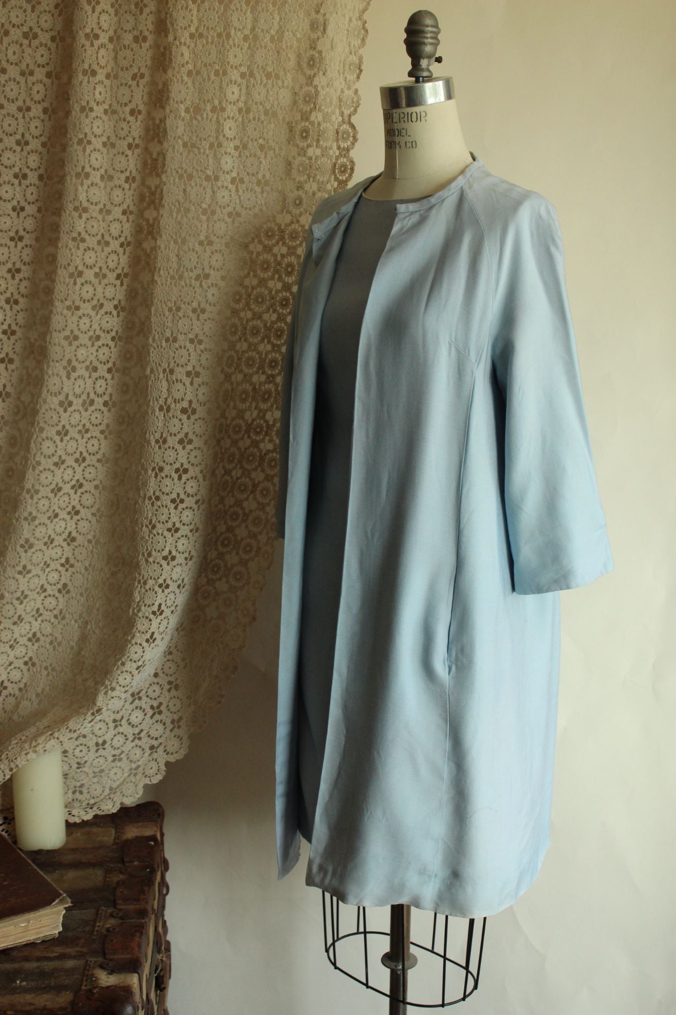 Vintage 1960s Emma Domb Pale Blue Dress with Matching Jacket and Bow Belt