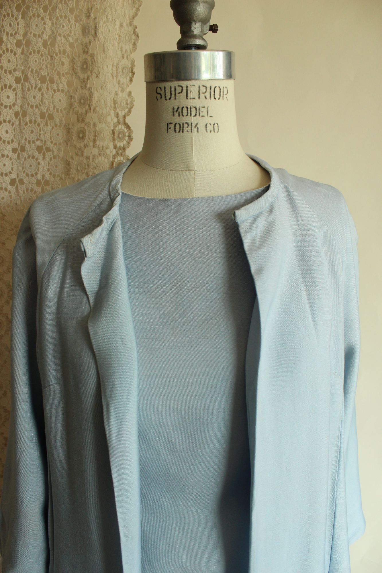 Vintage 1960s Emma Domb Pale Blue Dress with Matching Jacket and Bow Belt