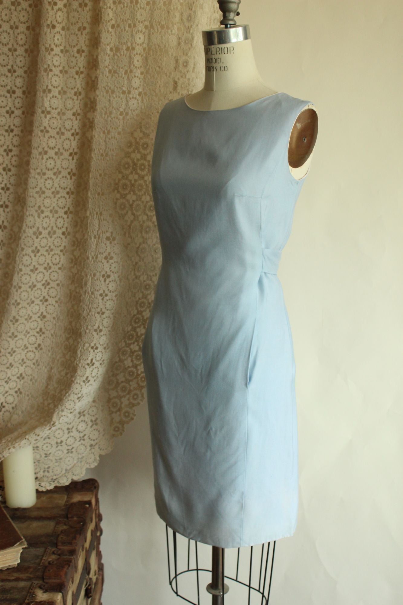 Vintage 1960s Emma Domb Pale Blue Dress with Matching Jacket and Bow Belt
