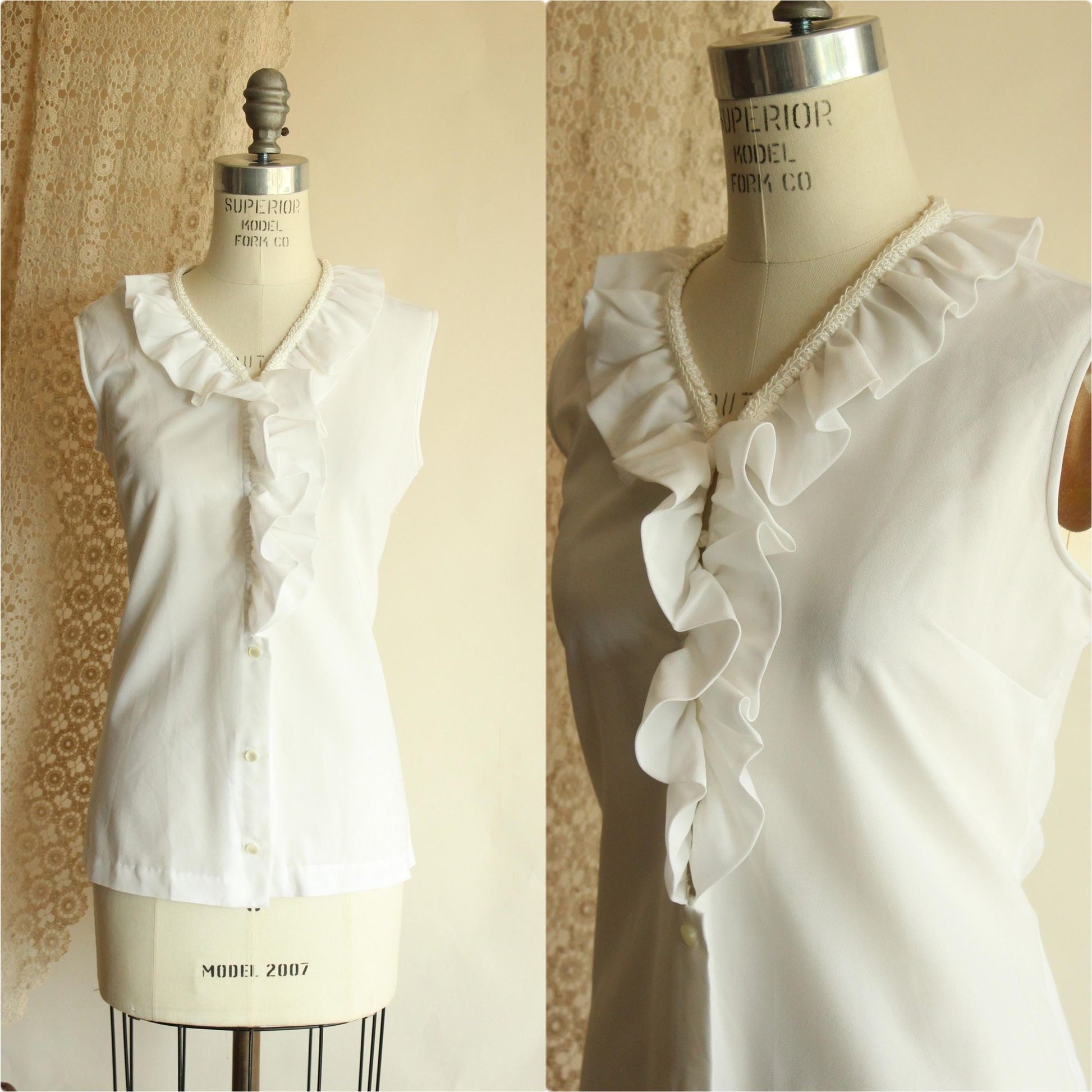 Vintage 1960s Blouse, Fritzi of California White Ruffle Collar Top, Buttons