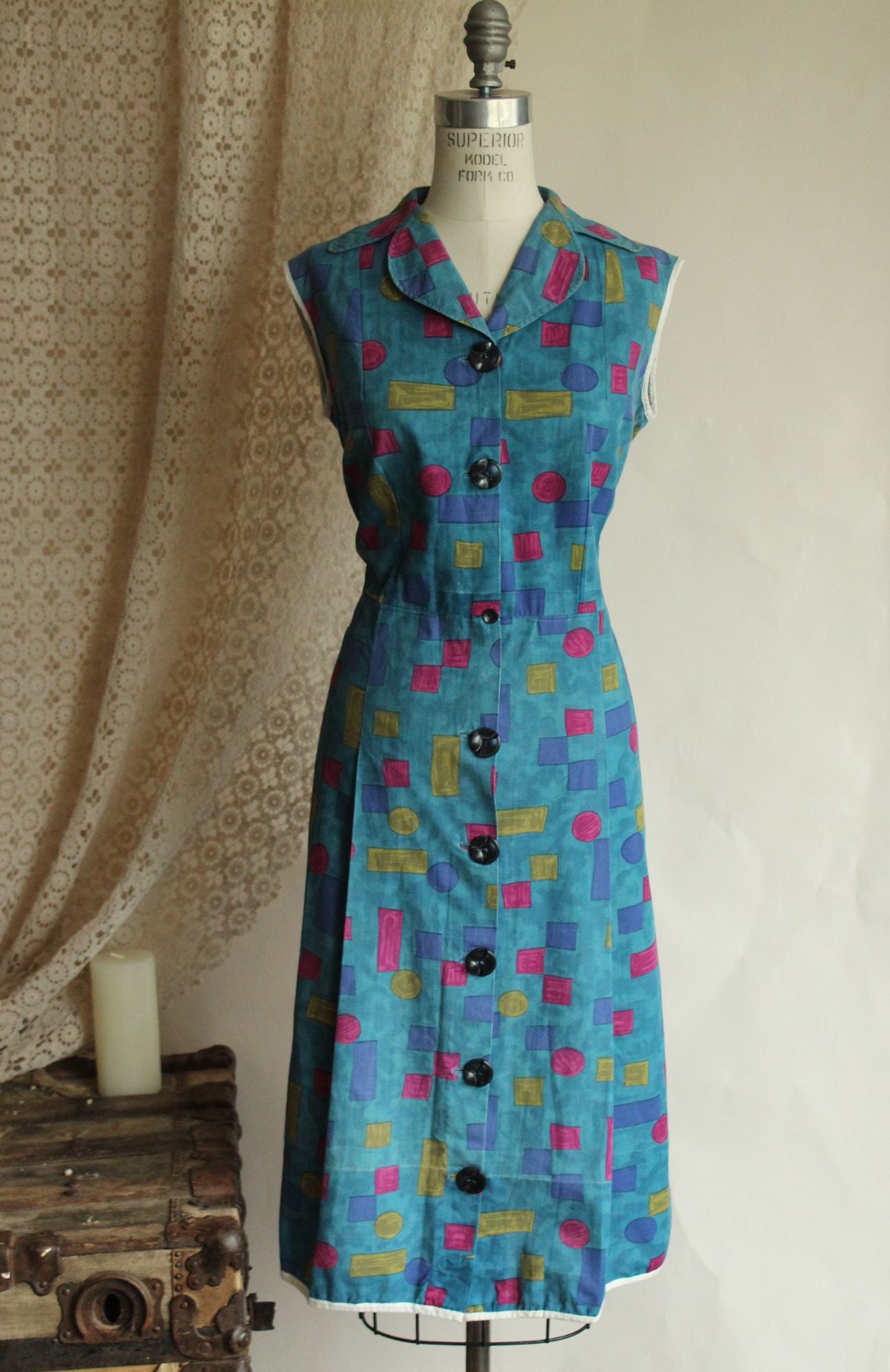 Vintage 1960s Blue Cotton Dress, Volup Size