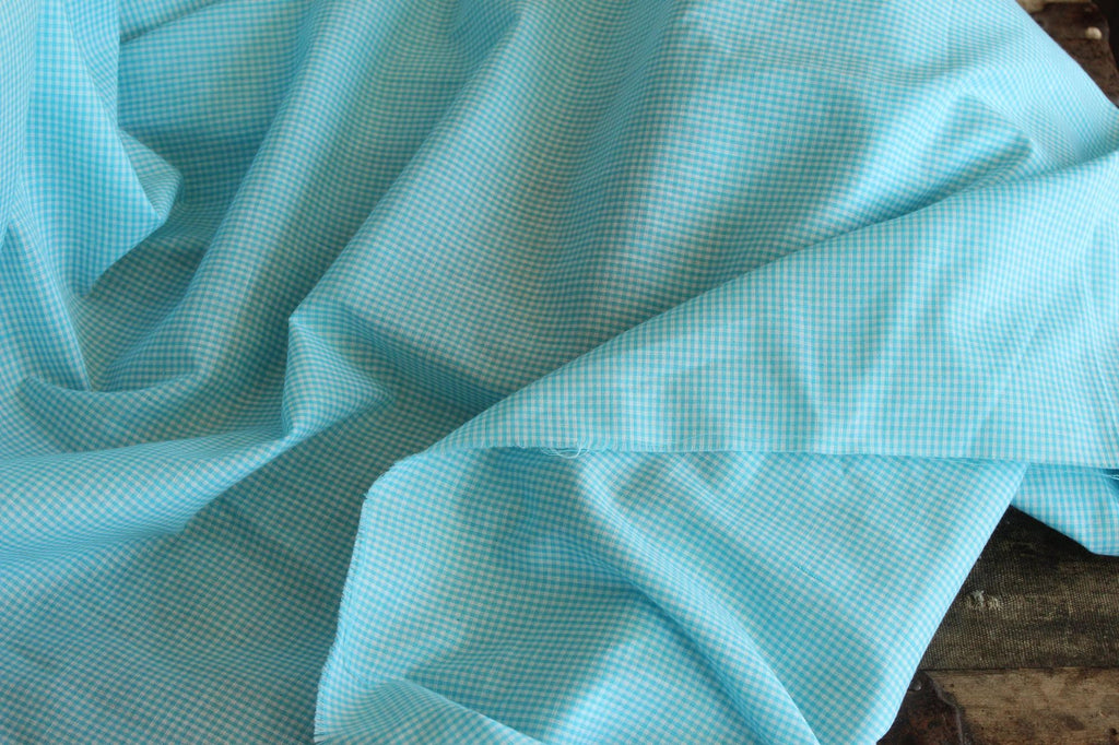 Vintage 1970s 1980s Blue Gingham Print Fabric, 60" x 45", Robins Egg