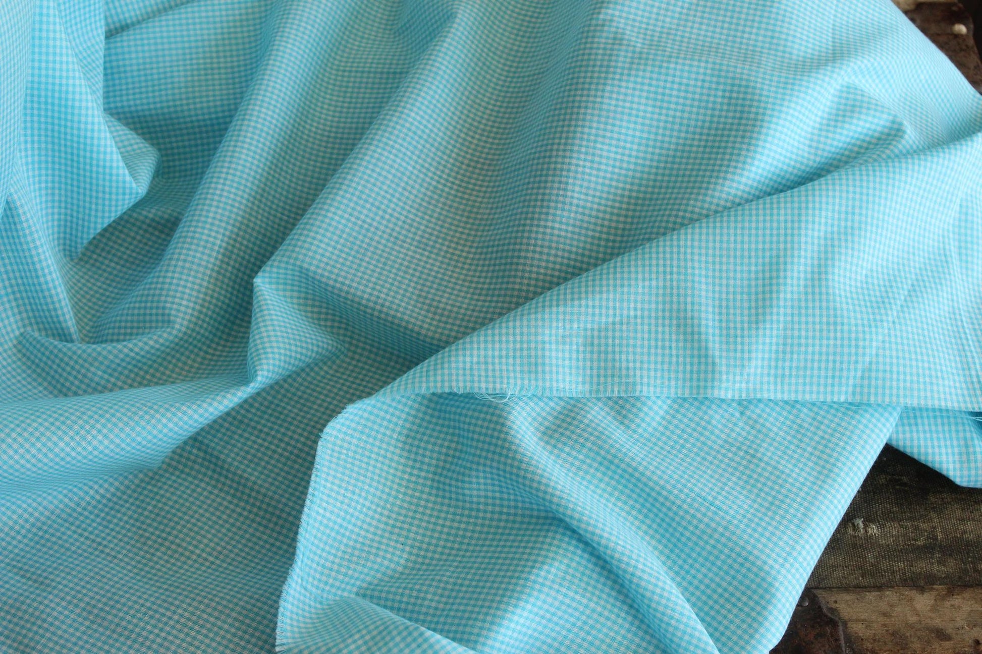 Vintage 1970s 1980s Blue Gingham Print Fabric, 60" x 45", Robins Egg