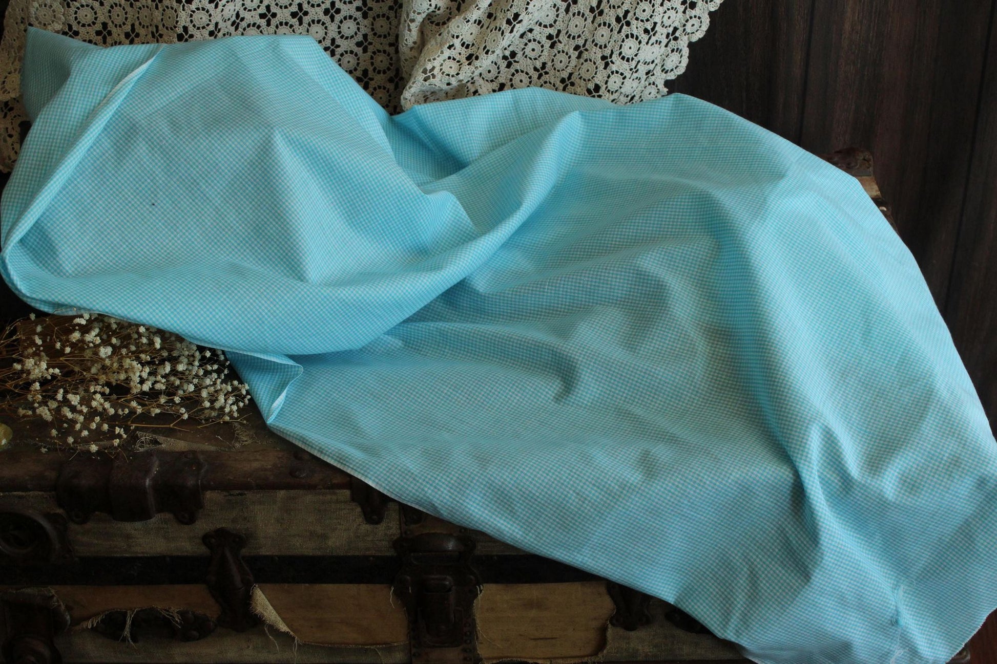 Vintage 1970s 1980s Blue Gingham Print Fabric, 60" x 45", Robins Egg