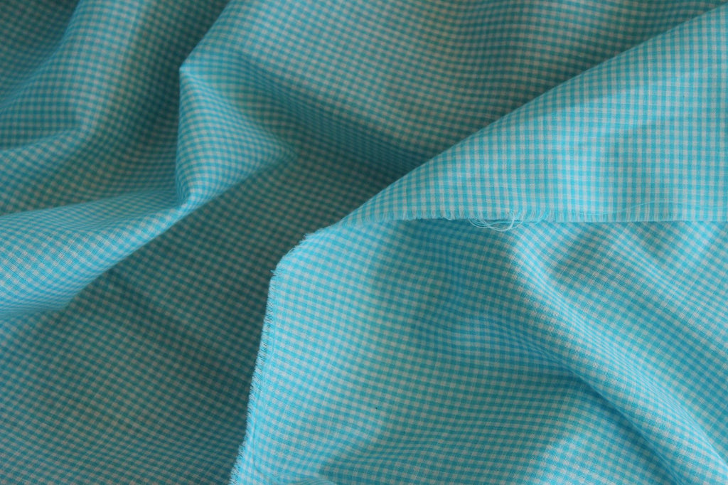 Vintage 1970s 1980s Blue Gingham Print Fabric, 60" x 45", Robins Egg
