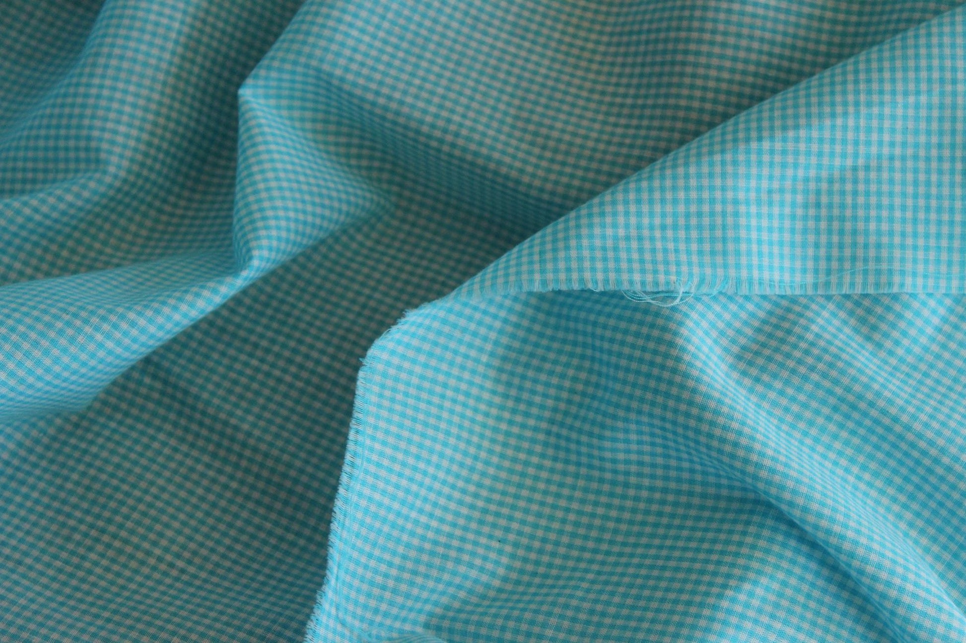 Vintage 1970s 1980s Blue Gingham Print Fabric, 60" x 45", Robins Egg