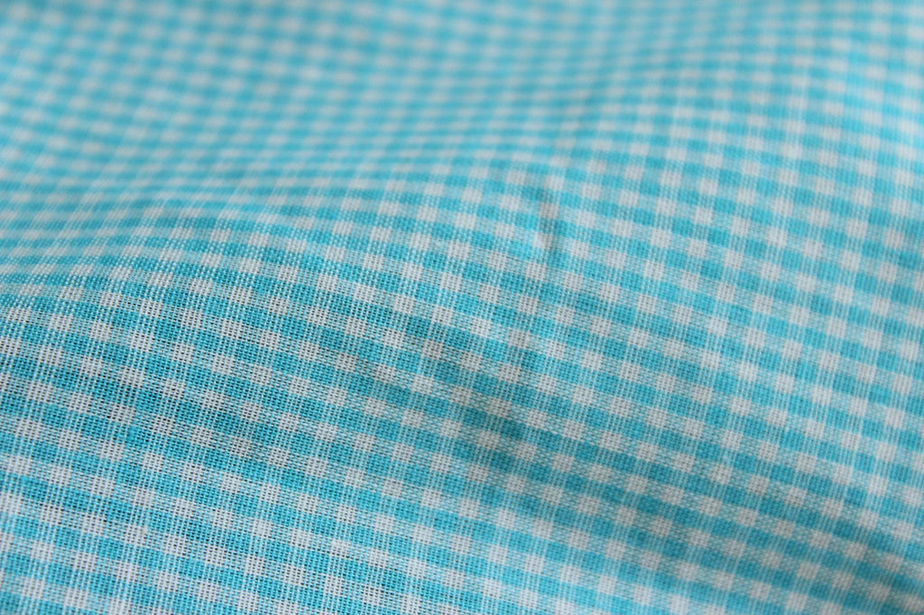 Vintage 1970s 1980s Blue Gingham Print Fabric, 60" x 45", Robins Egg