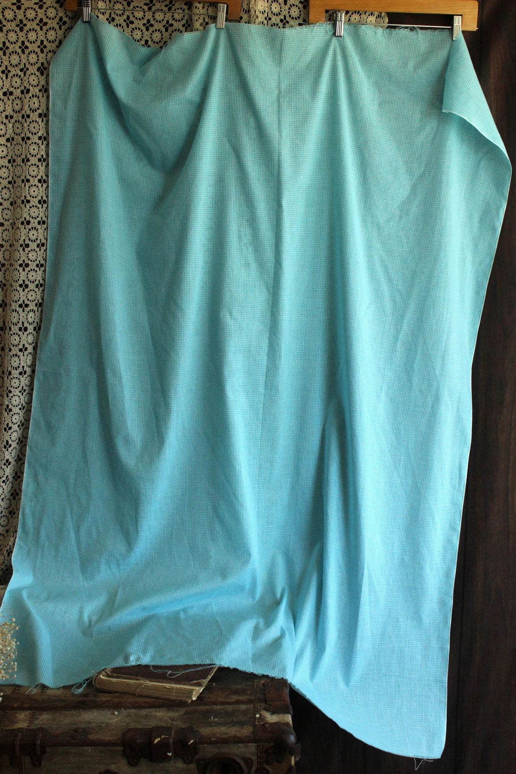 Vintage 1970s 1980s Blue Gingham Print Fabric, 60" x 45", Robins Egg