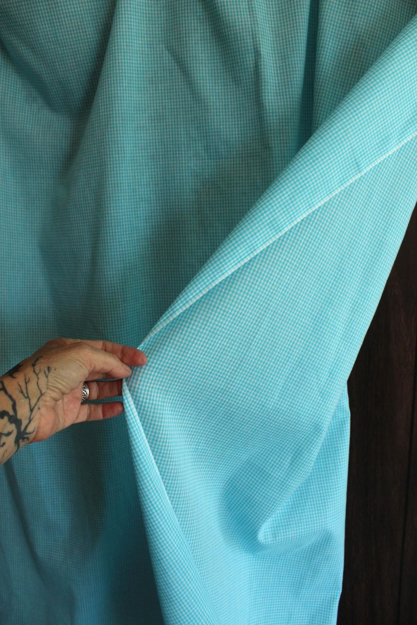 Vintage 1970s 1980s Blue Gingham Print Fabric, 60" x 45", Robins Egg