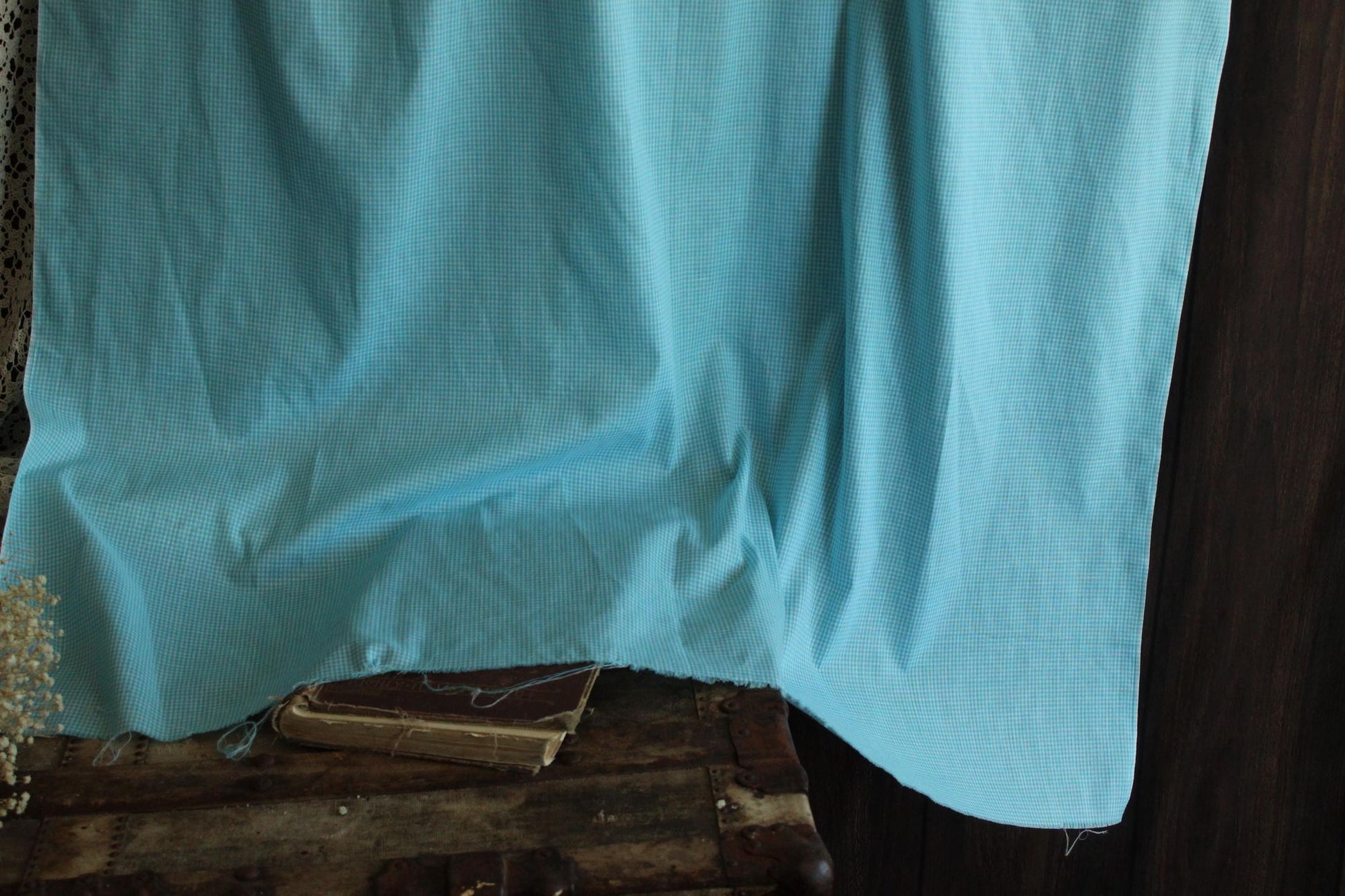 Vintage 1970s 1980s Blue Gingham Print Fabric, 60" x 45", Robins Egg