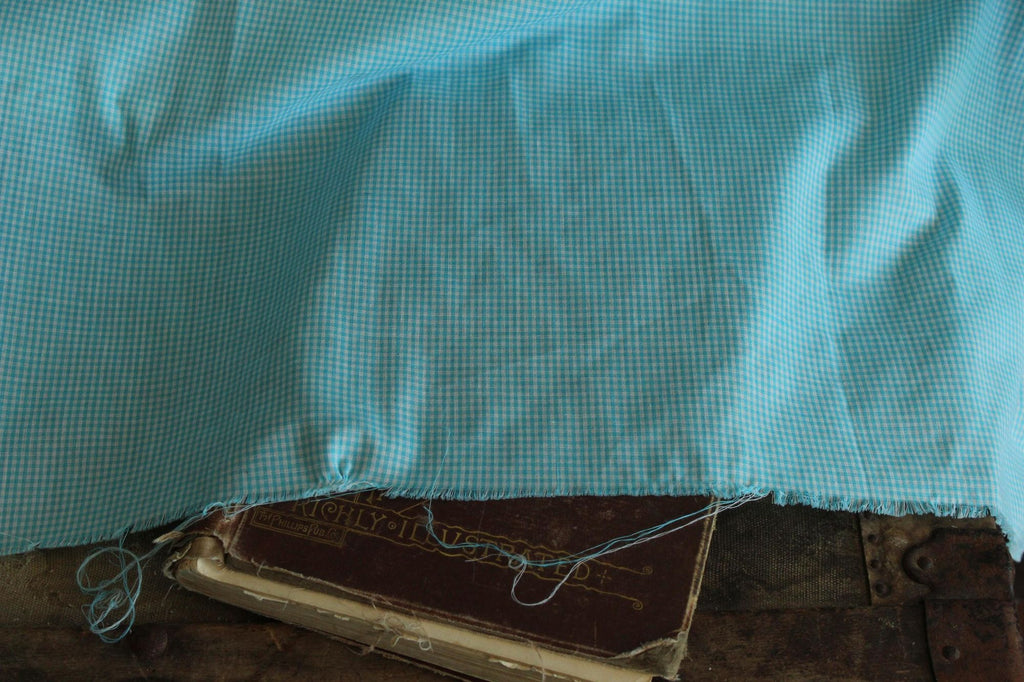 Vintage 1970s 1980s Blue Gingham Print Fabric, 60" x 45", Robins Egg