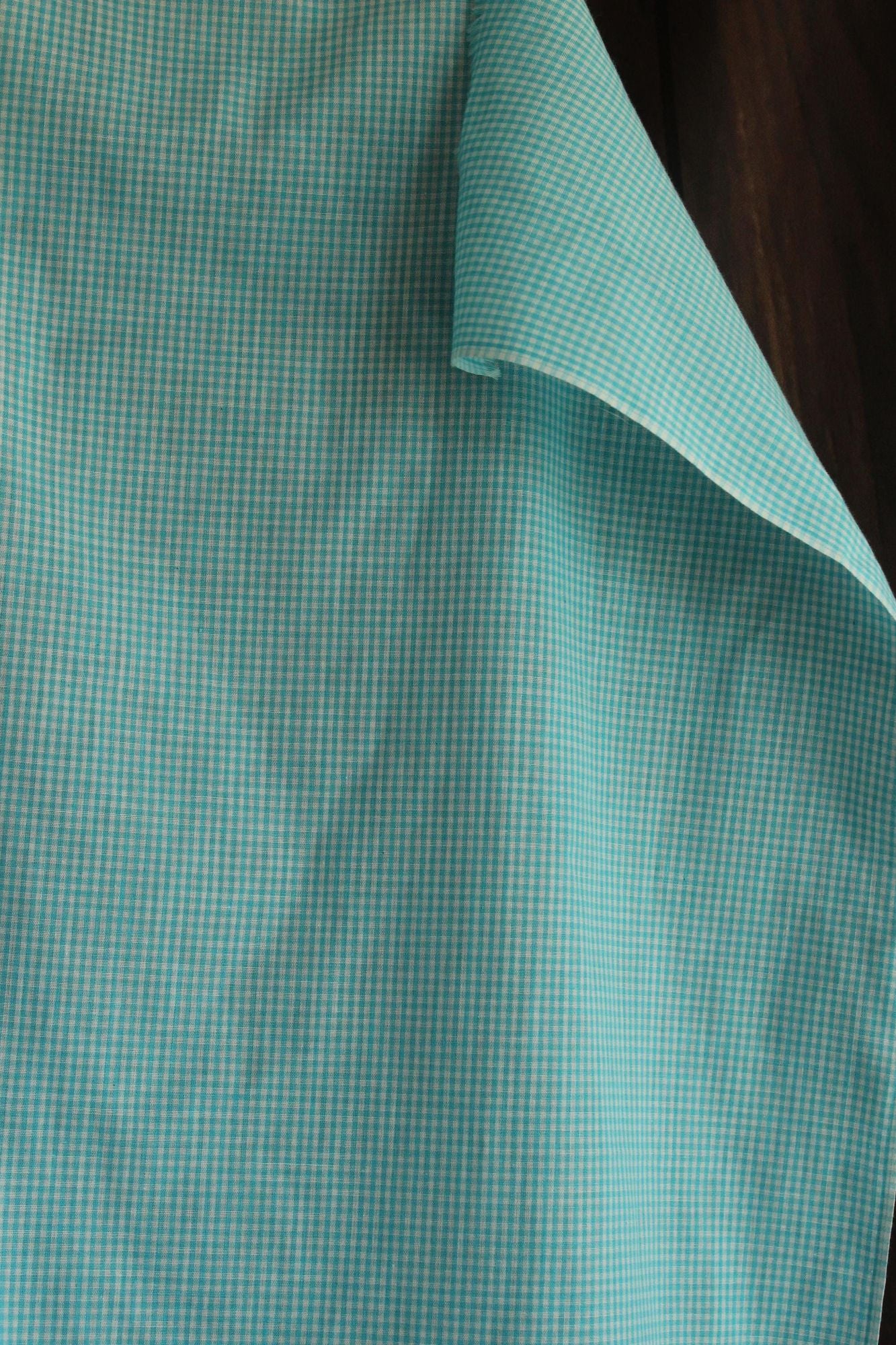Vintage 1970s 1980s Blue Gingham Print Fabric, 60" x 45", Robins Egg