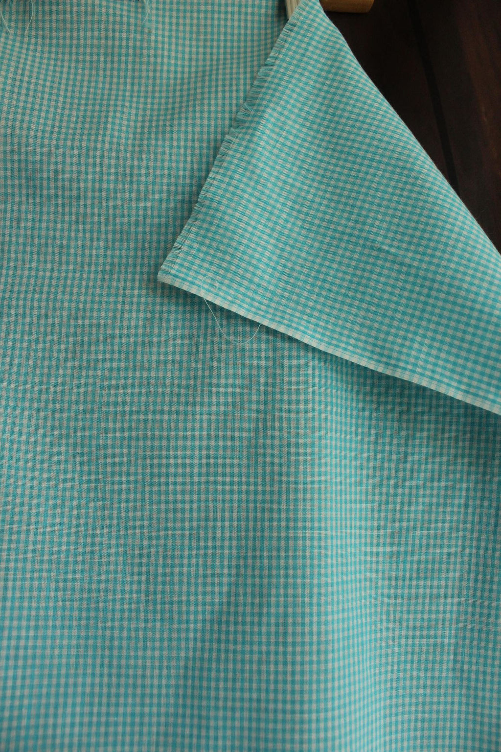 Vintage 1970s 1980s Blue Gingham Print Fabric, 60" x 45", Robins Egg