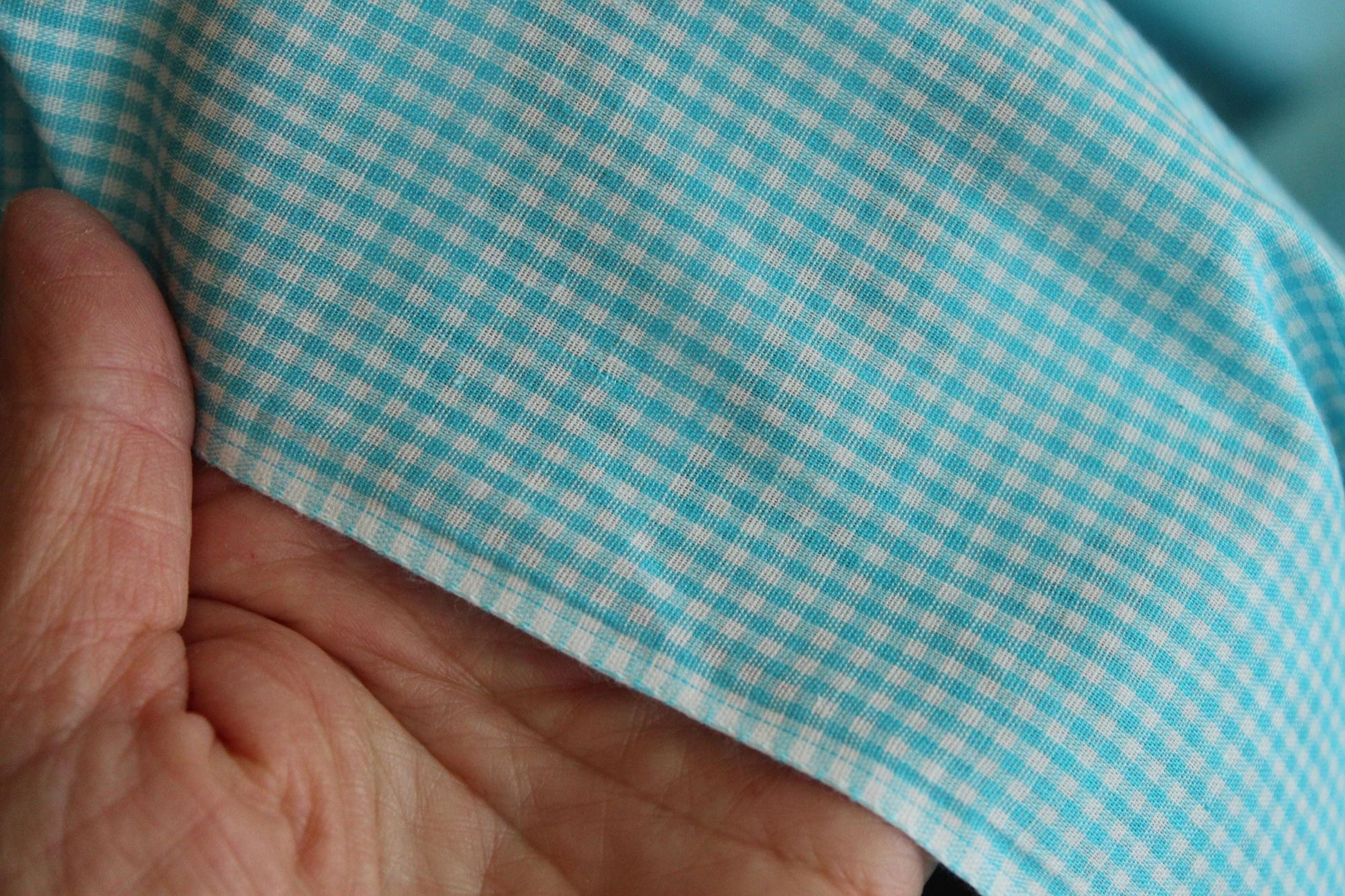 Vintage 1970s 1980s Blue Gingham Print Fabric, 60" x 45", Robins Egg