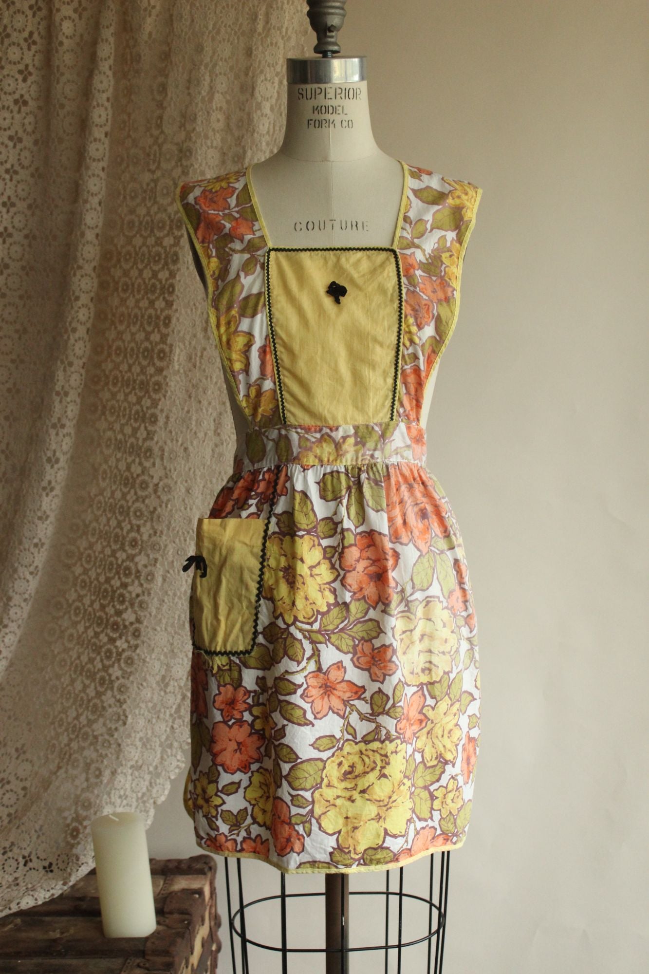 Vintage 1960s Orange and Yellow Floral Apron