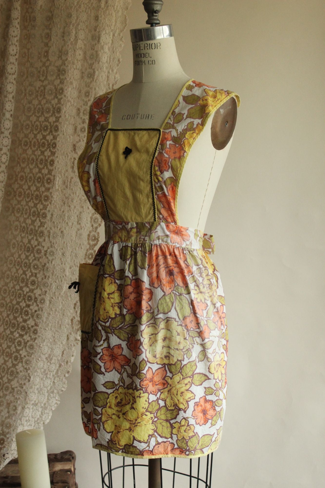 Vintage 1960s Orange and Yellow Floral Apron