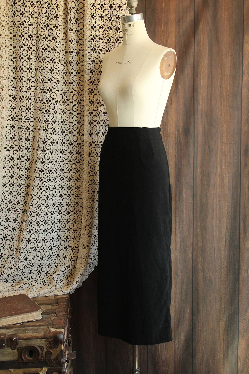 Vintage 1980s 1990s Briggs Black Faux Suede Pencil Skirt