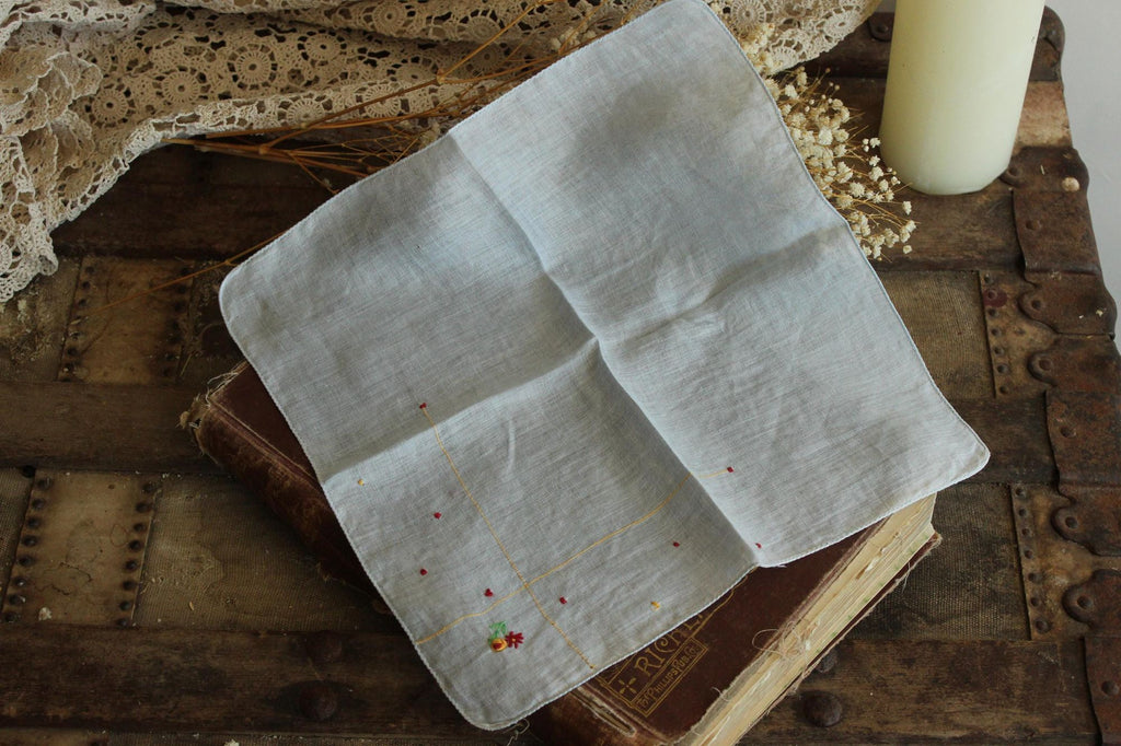 Vintage 1940s 1950s Blue Linen Handkerchief with Embroidered Flowers
