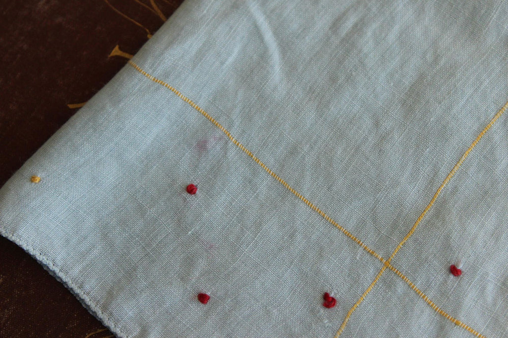 Vintage 1940s 1950s Blue Linen Handkerchief with Embroidered Flowers