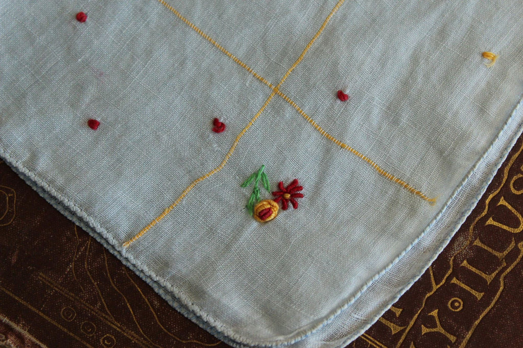 Vintage 1940s 1950s Blue Linen Handkerchief with Embroidered Flowers