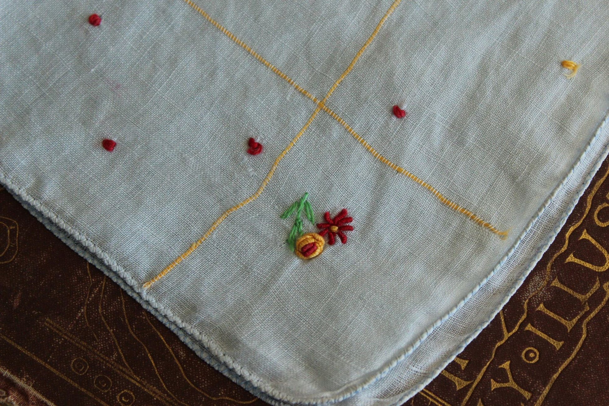 Vintage 1940s 1950s Blue Linen Handkerchief with Embroidered Flowers