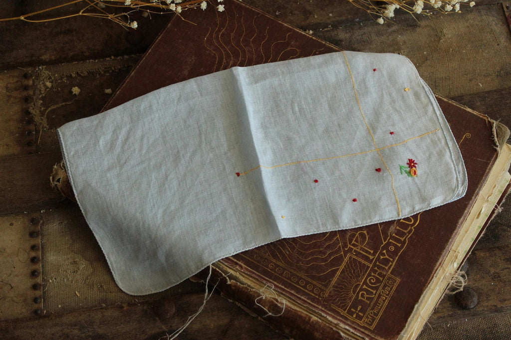 Vintage 1940s 1950s Blue Linen Handkerchief with Embroidered Flowers