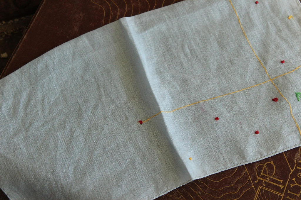 Vintage 1940s 1950s Blue Linen Handkerchief with Embroidered Flowers